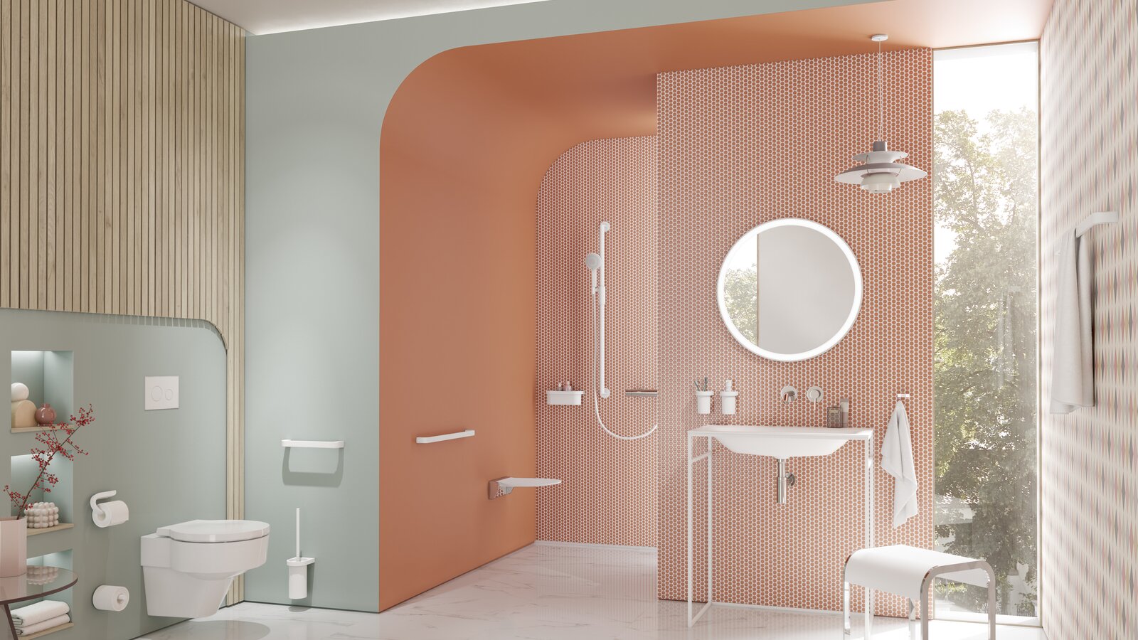 HEWI serie 800 met poedercoating Moderne badkamer met wastafel, douche en toilet