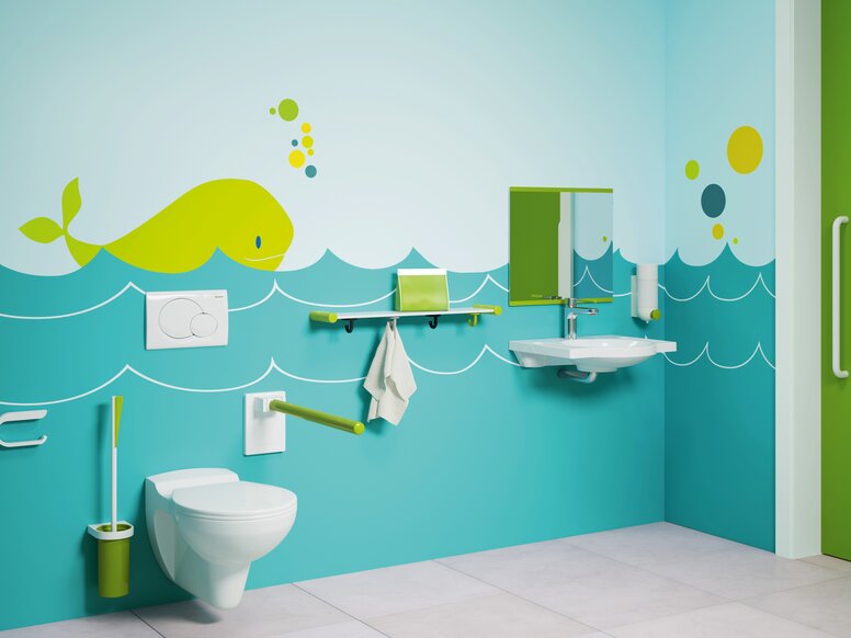 Barrierefreies Bad für Kinder mit WC-und Waschbereich in blaugrün ausgestattet mit HEWI Serie 800 K in grün