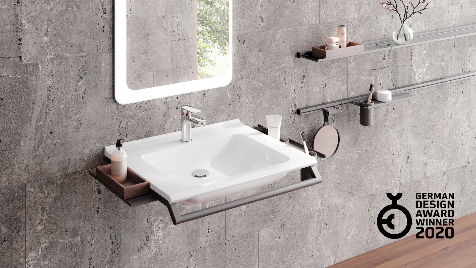 HEWI modularer Waschtisch Dunkelgrau matt German Design Award HEWI modularer Waschtisch mit Haltegriff und Ablagen für Badutensilien in Dunkelgrau matt aus Edelstahl ausgezeichnet mit dem German Design Award