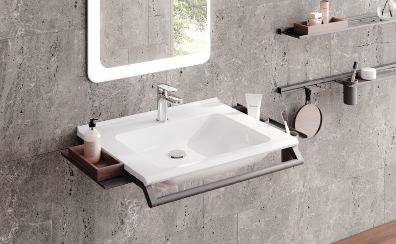 HEWI modularer Waschtisch Dunkelgrau matt HEWI modularer Waschtisch mit Haltegriff und Ablagen für Badutensilien in Dunkelgrau matt aus Edelstahl